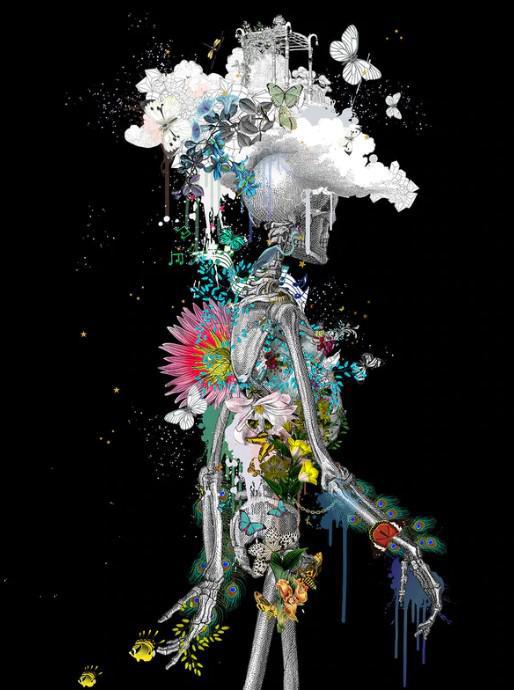 Ad Moldu Skaltu Verda - Drifting Skeleton Black - Framed by Kristjana S Williams